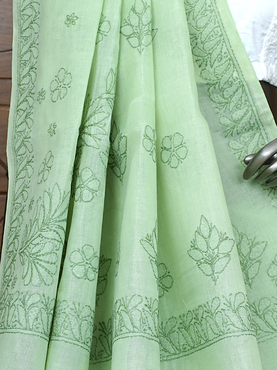 Ada Hand Embroidered Pista Green Cotton Lucknowi Chikankari Saree and Blouse 01A872888