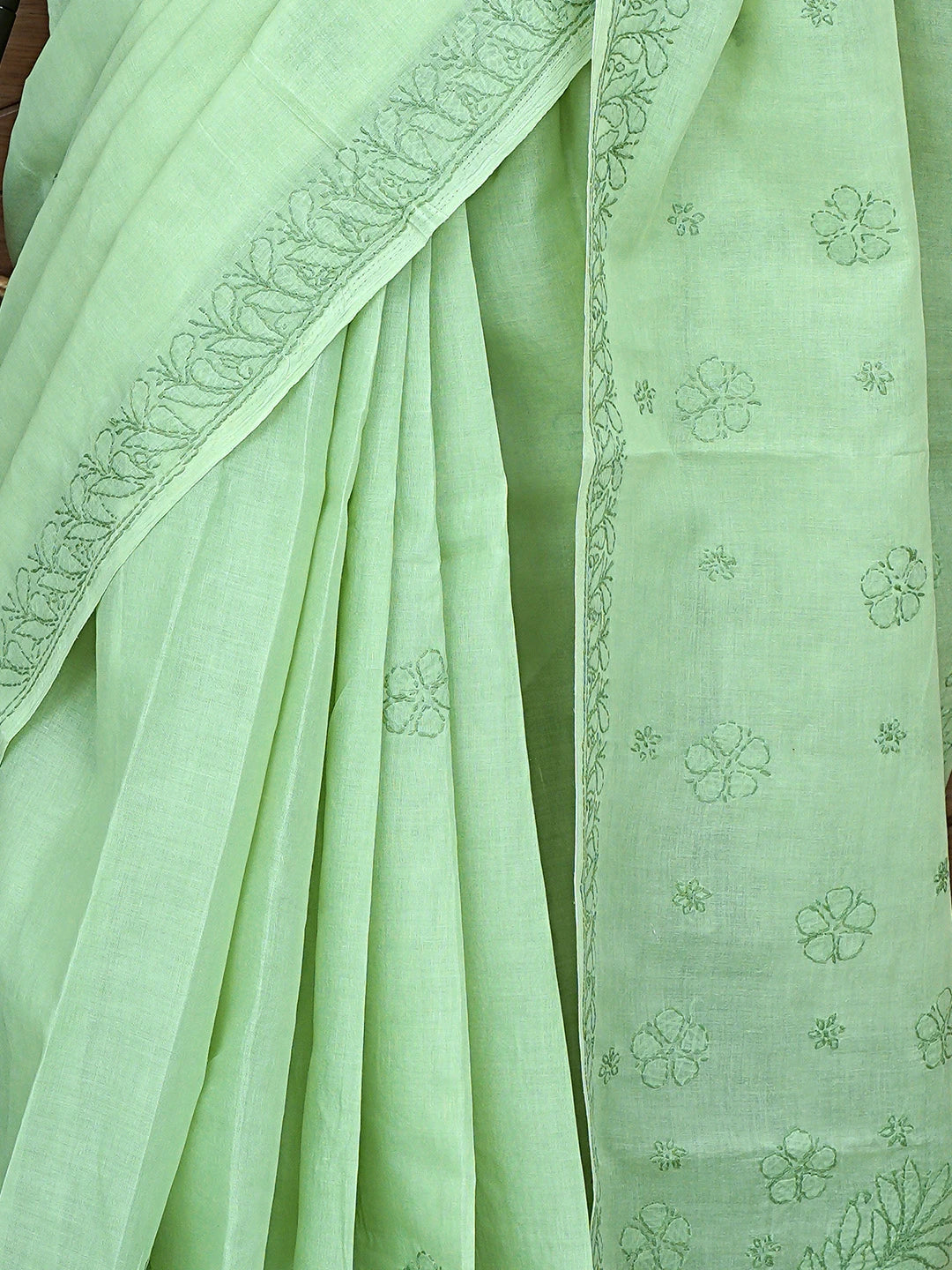 Ada Hand Embroidered Pista Green Cotton Lucknowi Chikankari Saree and Blouse 01A872888