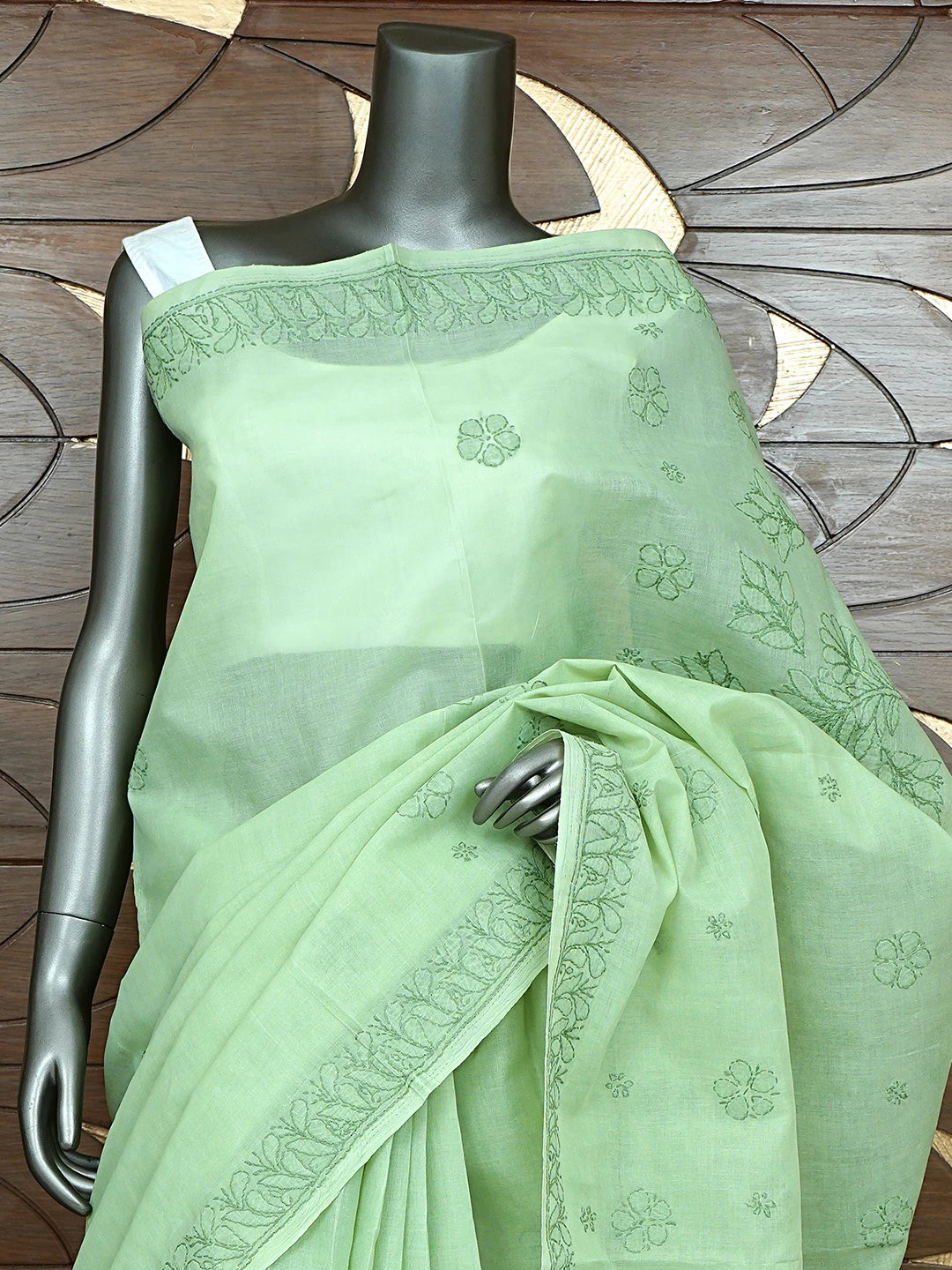 Ada Hand Embroidered Pista Green Cotton Lucknowi Chikankari Saree and Blouse 01A872888