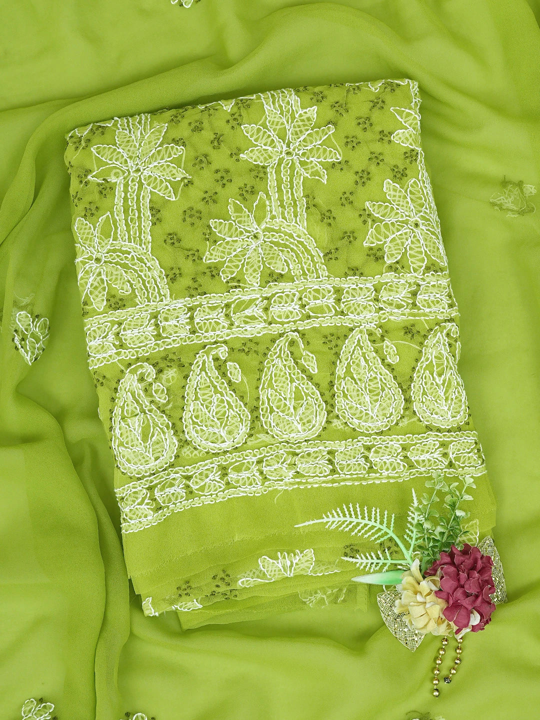 Ada Hand Embroidered Green Georgette Lucknowi Chikankari Unstitched Suit Piece 01A872124