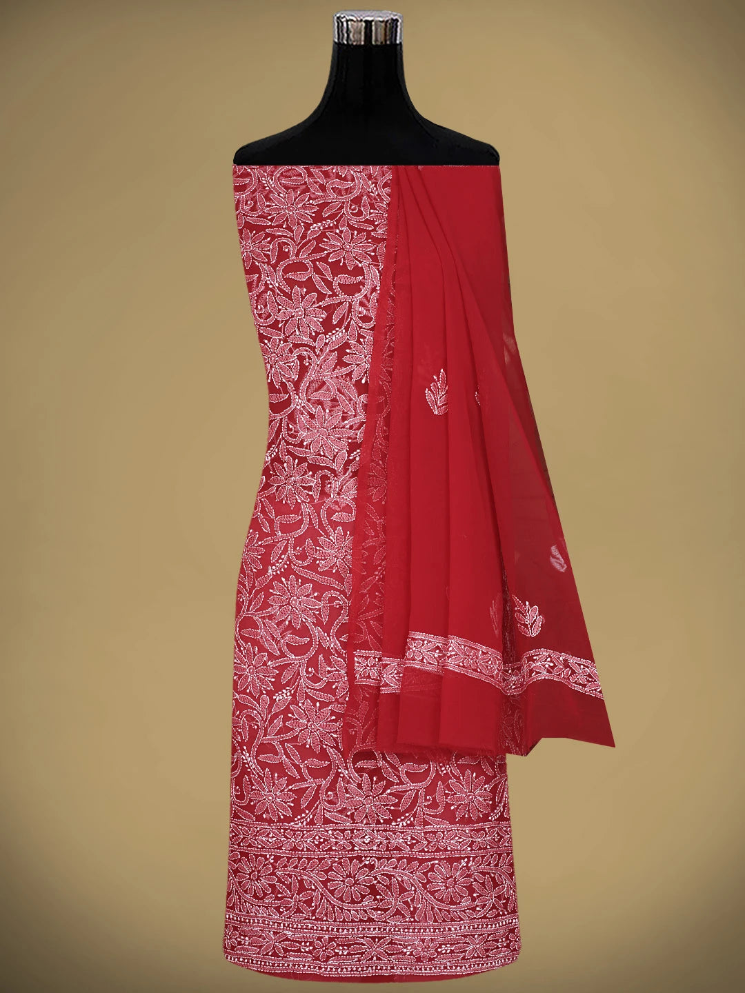 Ada Hand Embroidered Red Georgette Lucknowi Chikankari Unstitched Suit Piece 01A878920