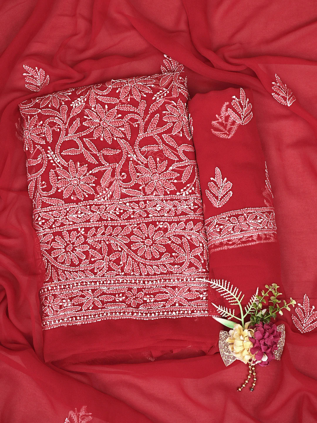 Ada Hand Embroidered Red Georgette Lucknowi Chikankari Unstitched Suit Piece 01A878920
