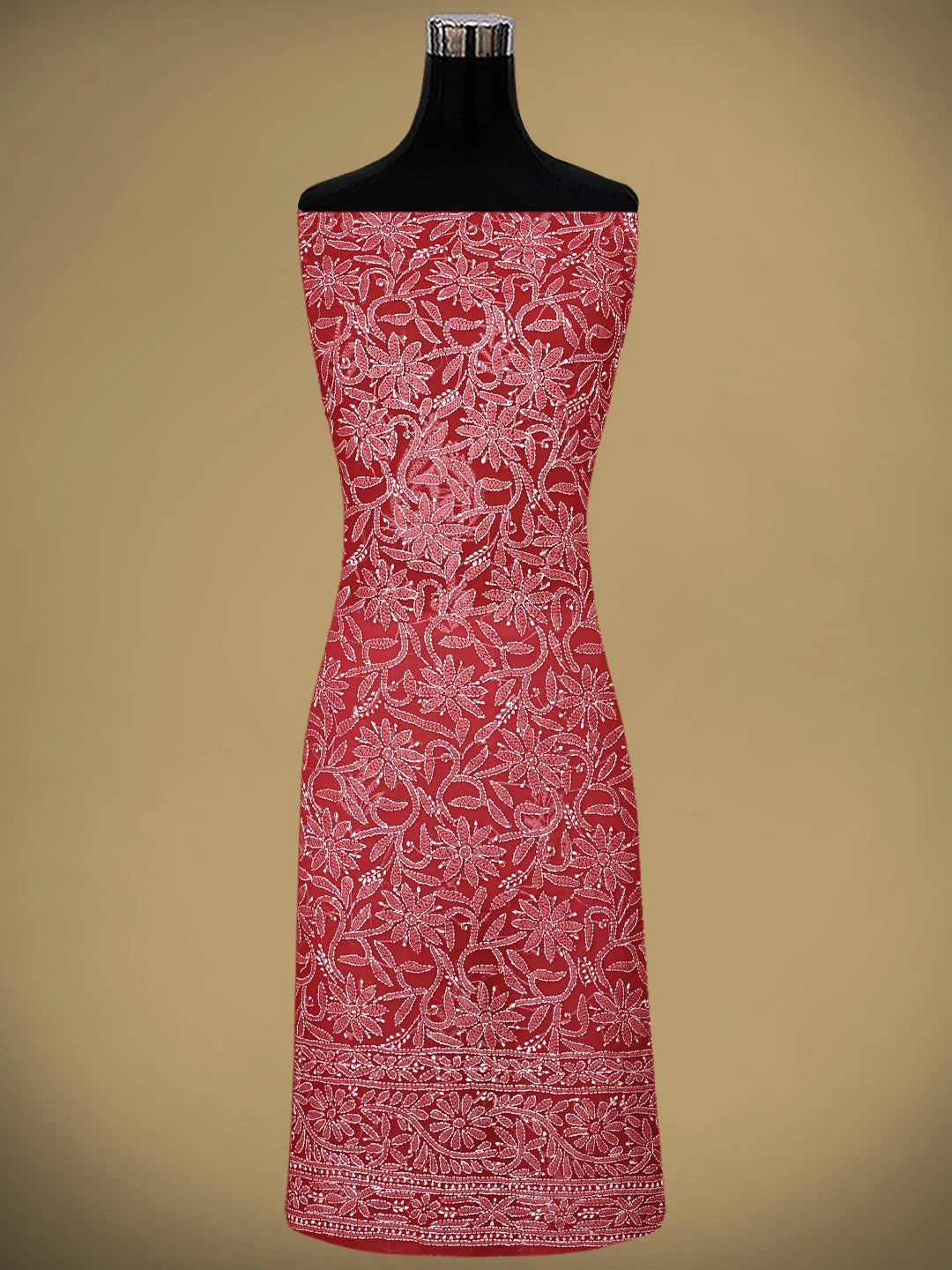 Ada Hand Embroidered Red Georgette Lucknowi Chikankari Unstitched Suit Piece 01A878920