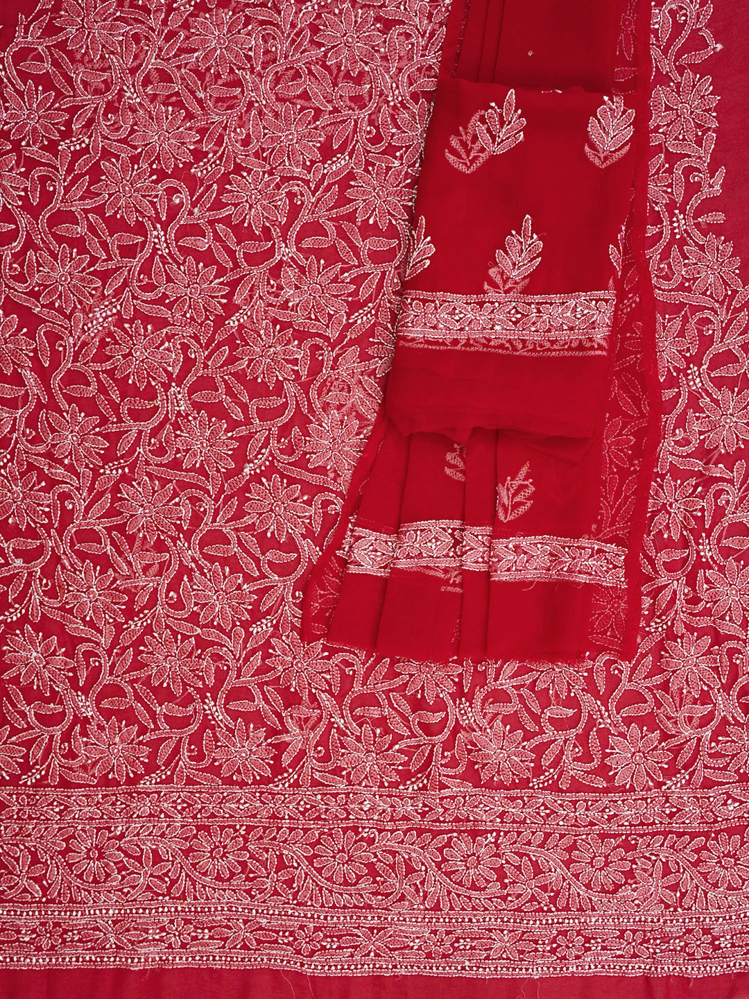 Ada Hand Embroidered Red Georgette Lucknowi Chikankari Unstitched Suit Piece 01A878920