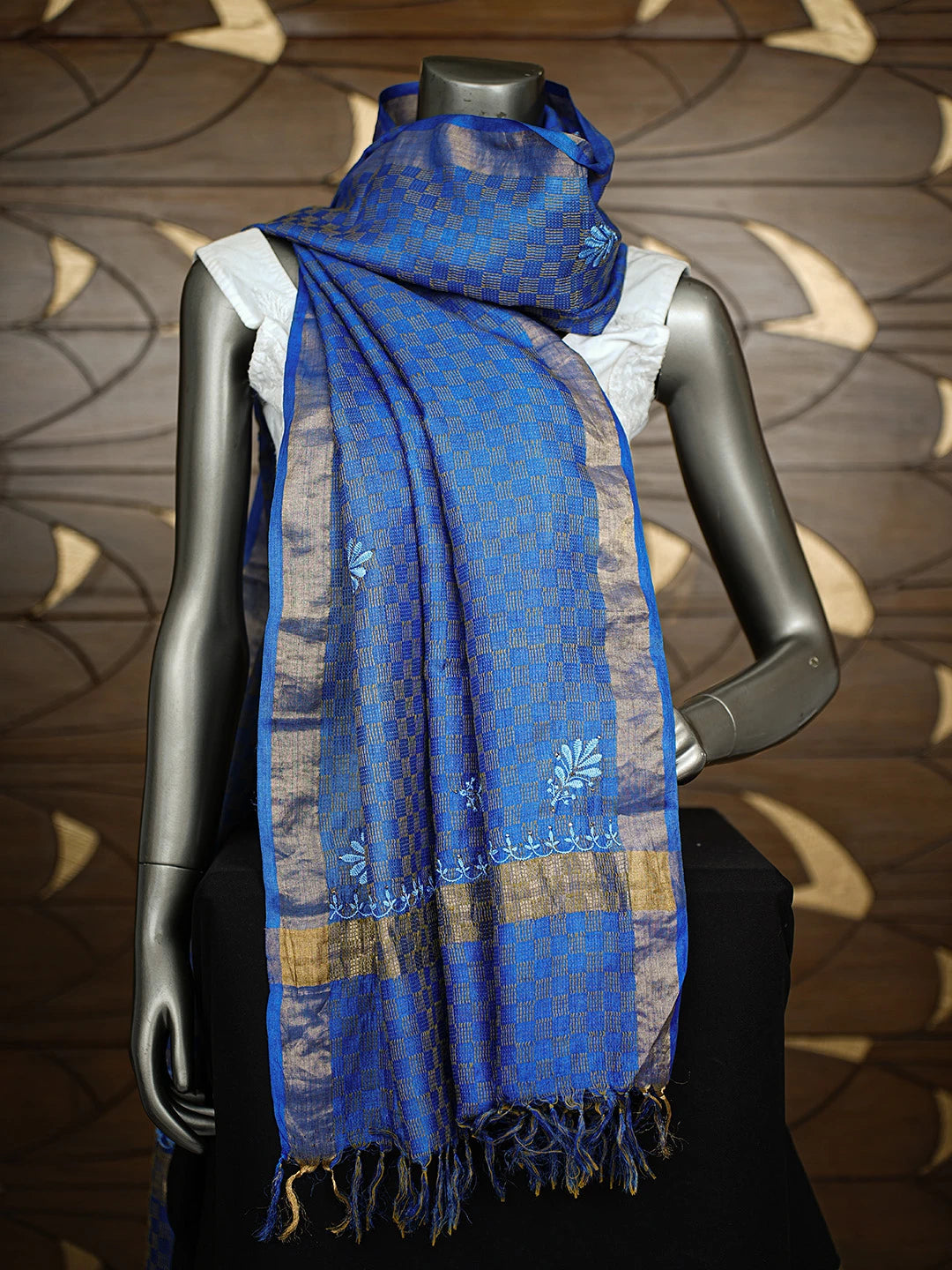 Ada Hand Embroidered Royal Blue Tussar Silk Lucknowi Chikankari Dupatta with Muqaish work 01A264806