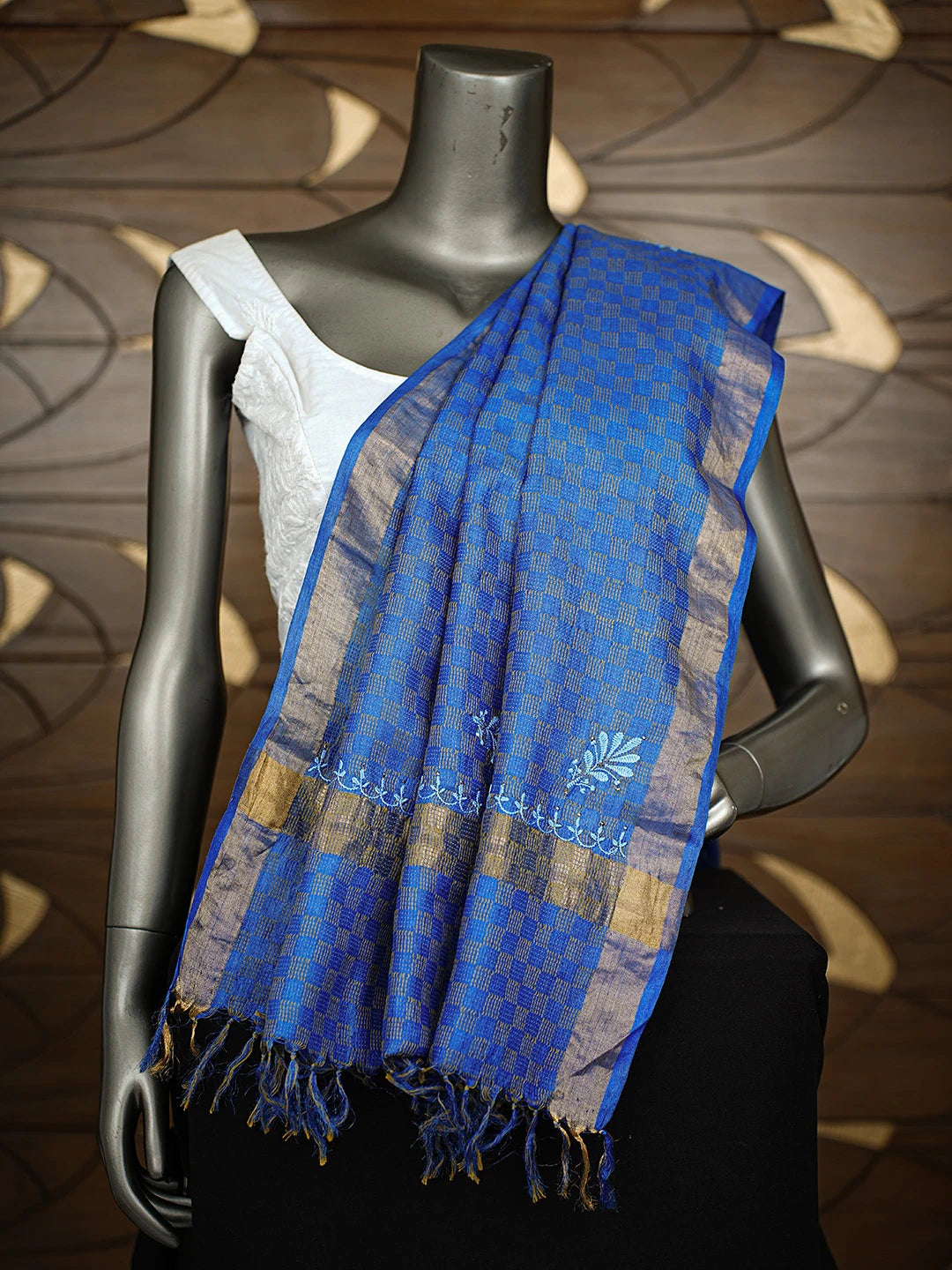 Ada Hand Embroidered Royal Blue Tussar Silk Lucknowi Chikankari Dupatta with Muqaish work 01A264806