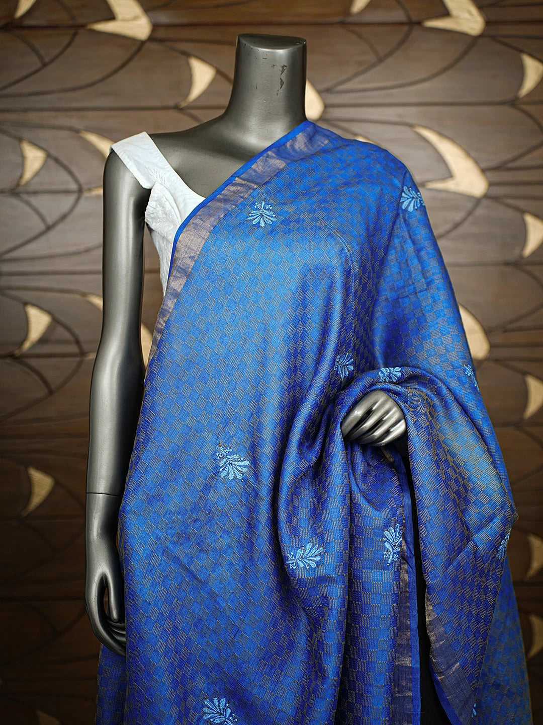 Ada Hand Embroidered Royal Blue Tussar Silk Lucknowi Chikankari Dupatta with Muqaish work 01A264806