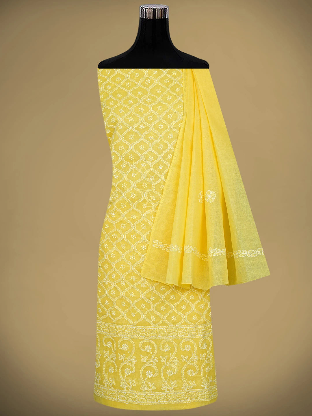 Ada Hand Embroidered Yellow Cotton Lucknowi Chikankari Unstitched Suit Piece 01A887927