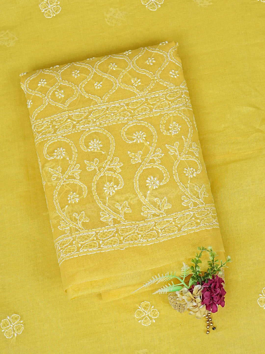 Ada Hand Embroidered Yellow Cotton Lucknowi Chikankari Unstitched Suit Piece 01A887927
