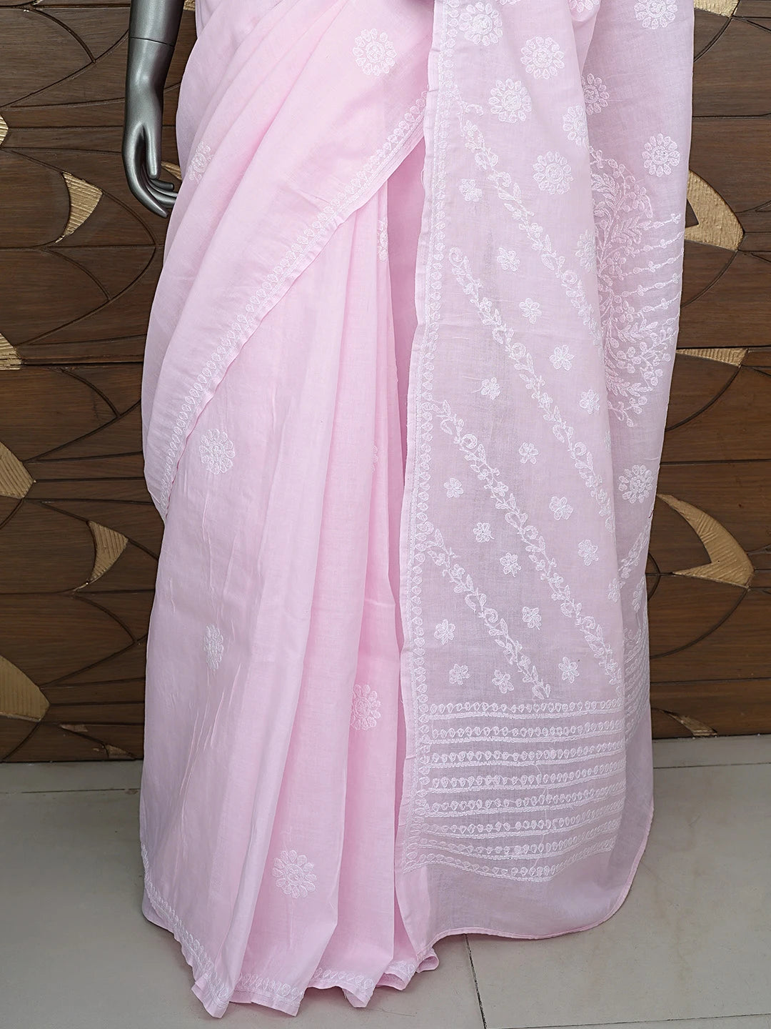 Ada Hand Embroidered Pink Cotton Lucknowi Chikankari Saree and Blouse 01A866195