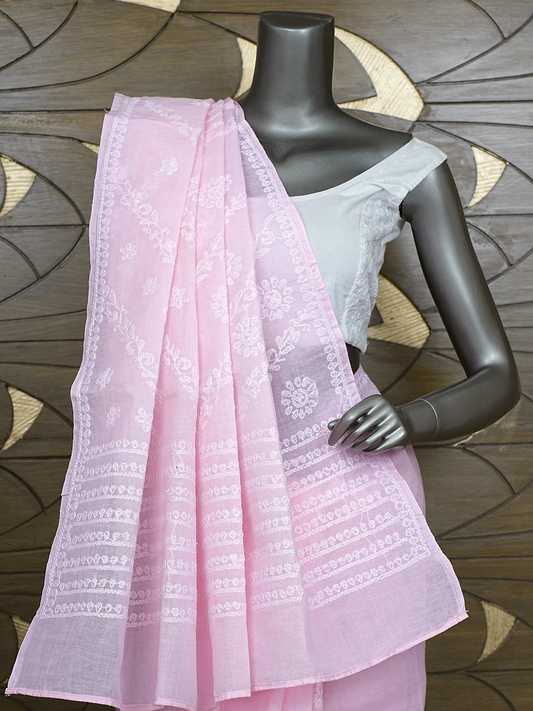 Ada Hand Embroidered Pink Cotton Lucknowi Chikankari Saree and Blouse 01A866195