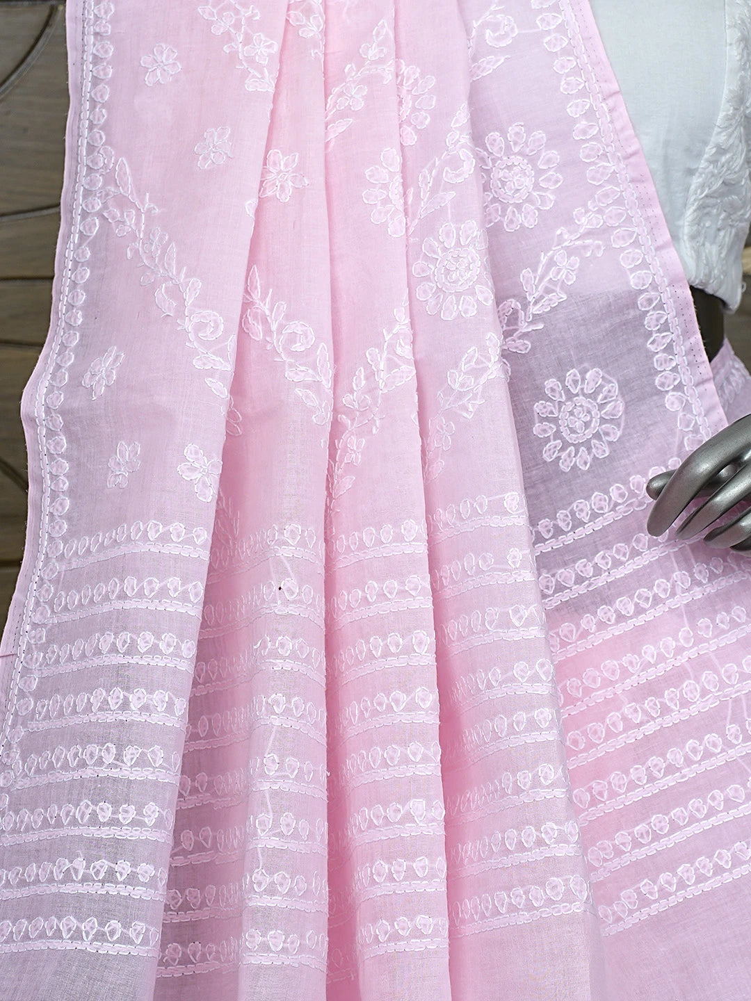 Ada Hand Embroidered Pink Cotton Lucknowi Chikankari Saree and Blouse 01A866195