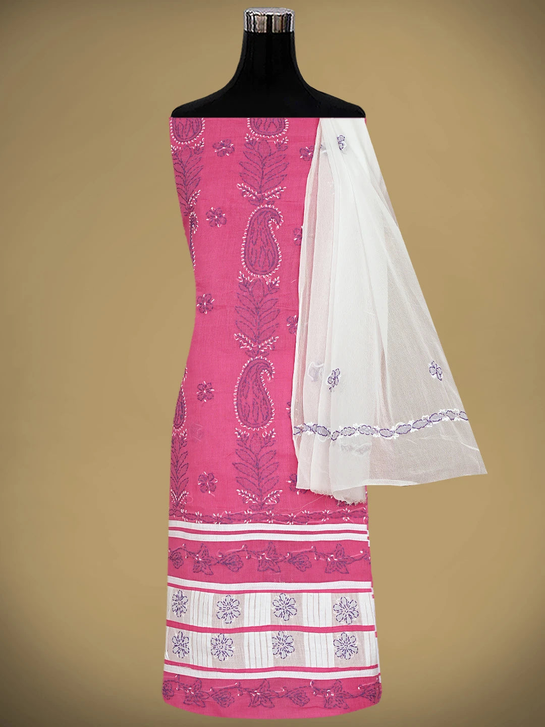 Ada Hand Embroidered Magenta Cotton Lucknowi Chikankari Unstitched Suit Piece with Chiffon Dupatta 01A882743