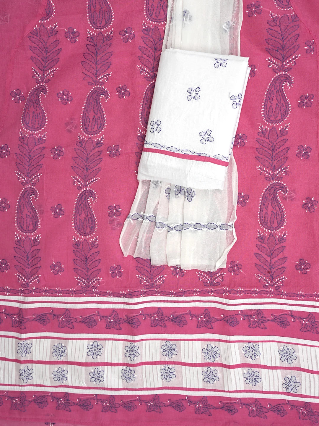 Ada Hand Embroidered Magenta Cotton Lucknowi Chikankari Unstitched Suit Piece with Chiffon Dupatta 01A882743