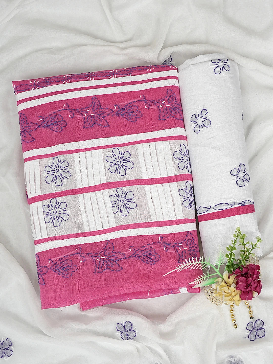 Ada Hand Embroidered Magenta Cotton Lucknowi Chikankari Unstitched Suit Piece with Chiffon Dupatta 01A882743