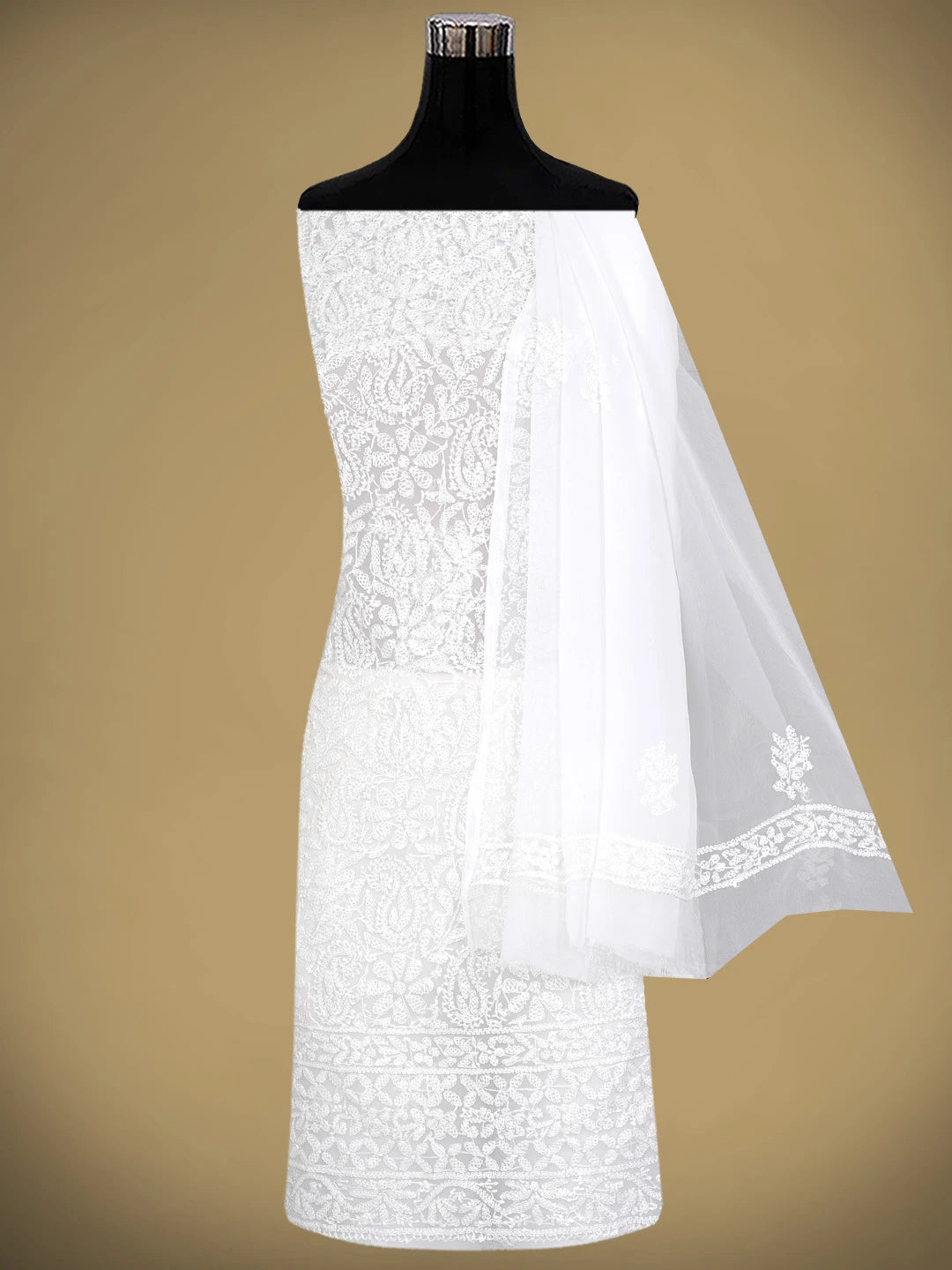 Ada Hand Embroidered White Georgette Lucknowi Chikankari Unstitched Suit Piece 01A878928