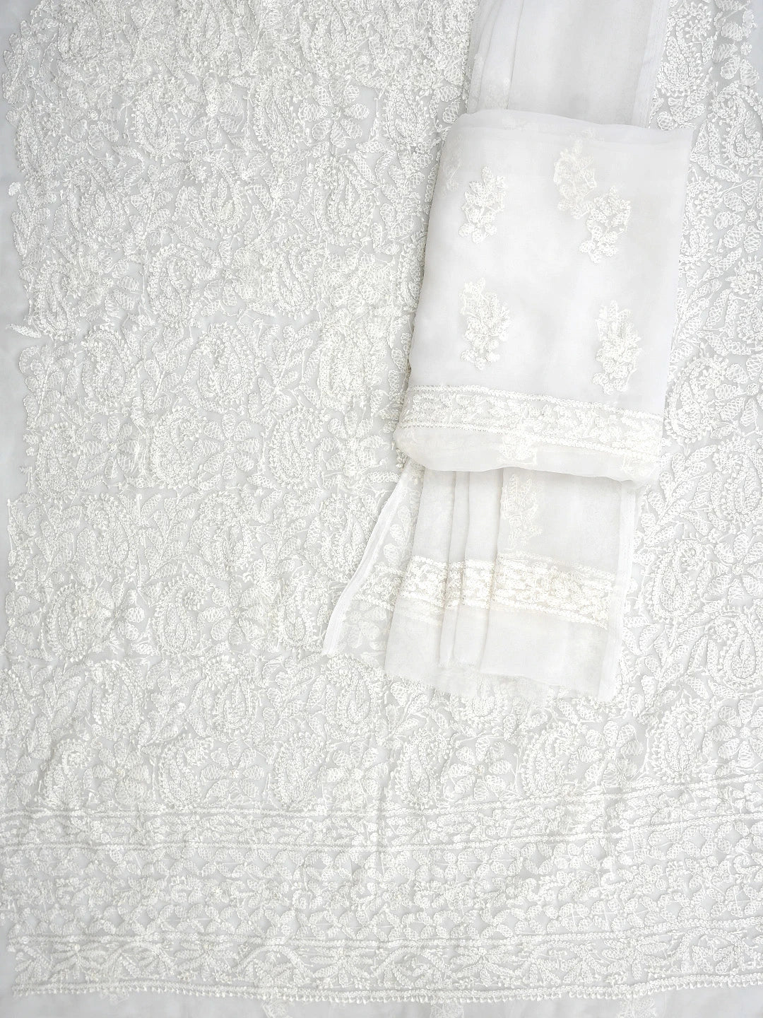 Ada Hand Embroidered White Georgette Lucknowi Chikankari Unstitched Suit Piece 01A878928