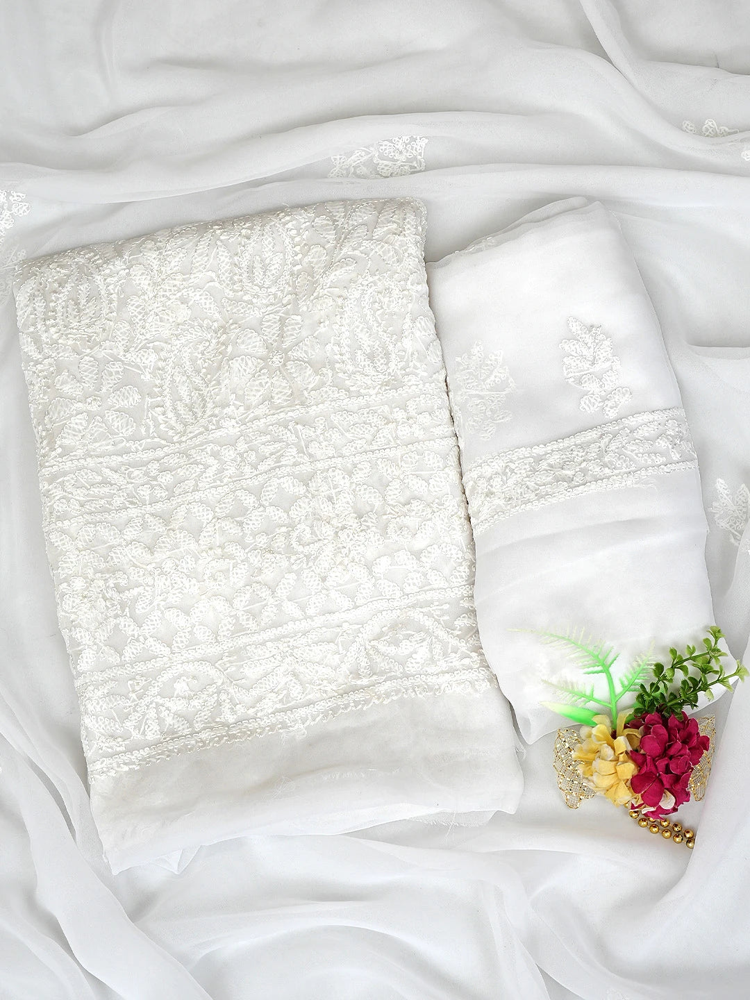 Ada Hand Embroidered White Georgette Lucknowi Chikankari Unstitched Suit Piece 01A878928