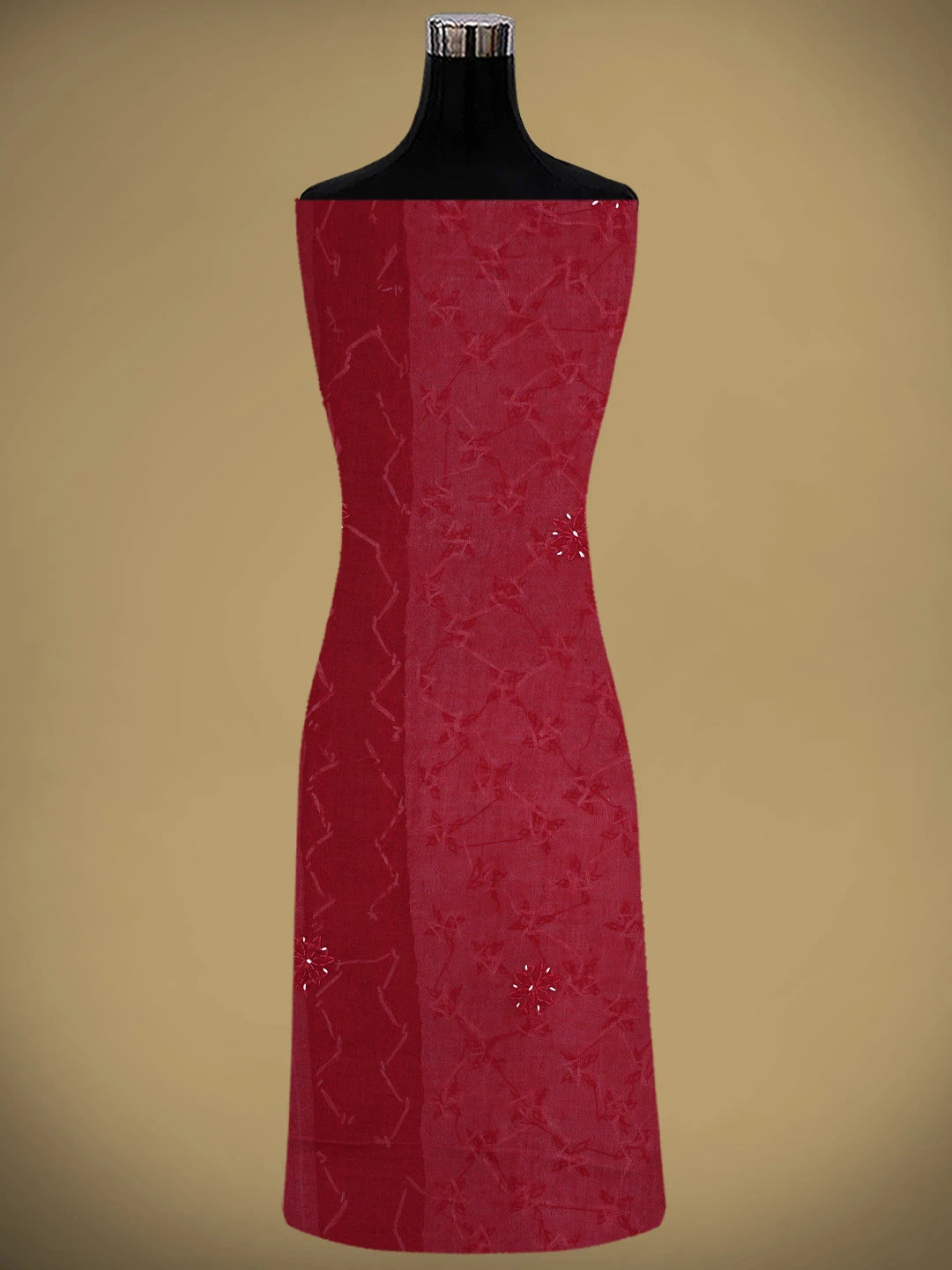 Ada Hand Embroidered Red Cotton Lucknowi Chikankari Unstitched Suit Piece with Chiffon Dupatta 01A882734
