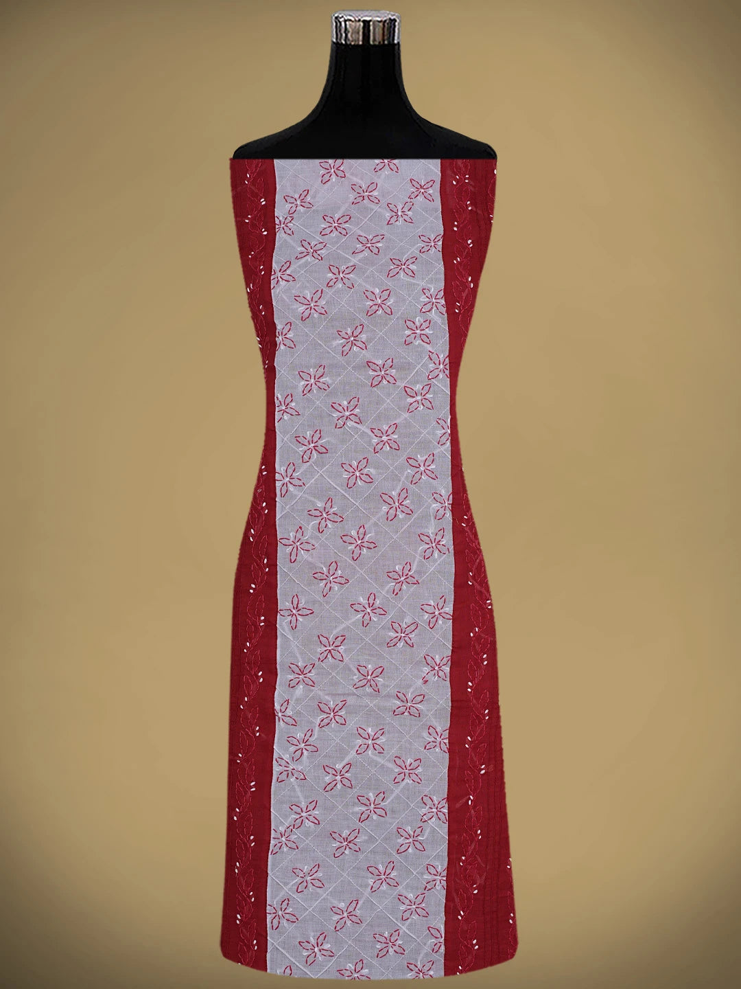 Ada Hand Embroidered Red Cotton Lucknowi Chikankari Unstitched Suit Piece with Chiffon Dupatta 01A882734
