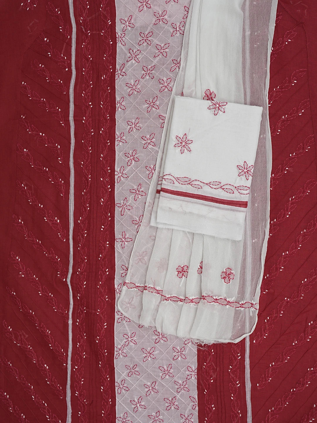 Ada Hand Embroidered Red Cotton Lucknowi Chikankari Unstitched Suit Piece with Chiffon Dupatta 01A882734