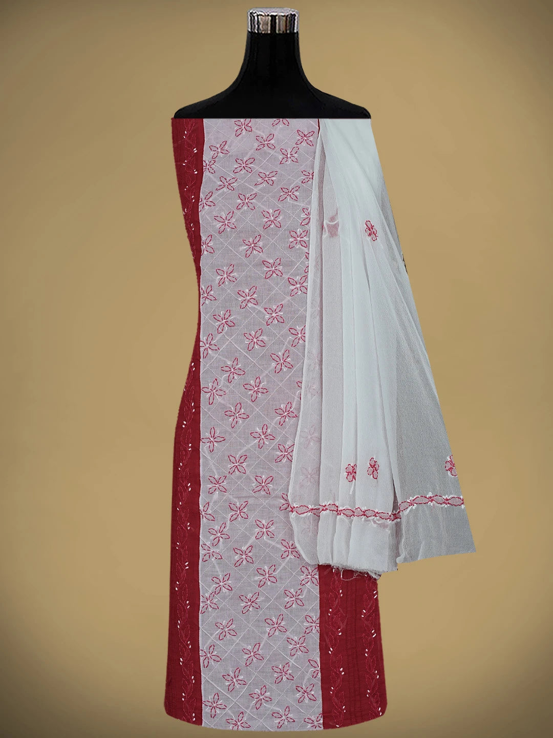 Ada Hand Embroidered Red Cotton Lucknowi Chikankari Unstitched Suit Piece with Chiffon Dupatta 01A882734