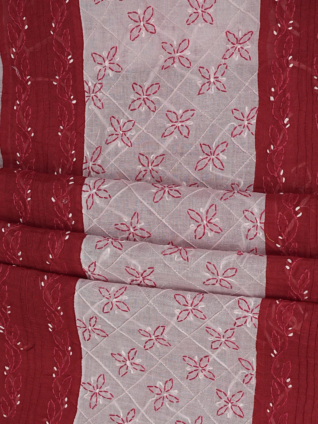 Ada Hand Embroidered Red Cotton Lucknowi Chikankari Unstitched Suit Piece with Chiffon Dupatta 01A882734