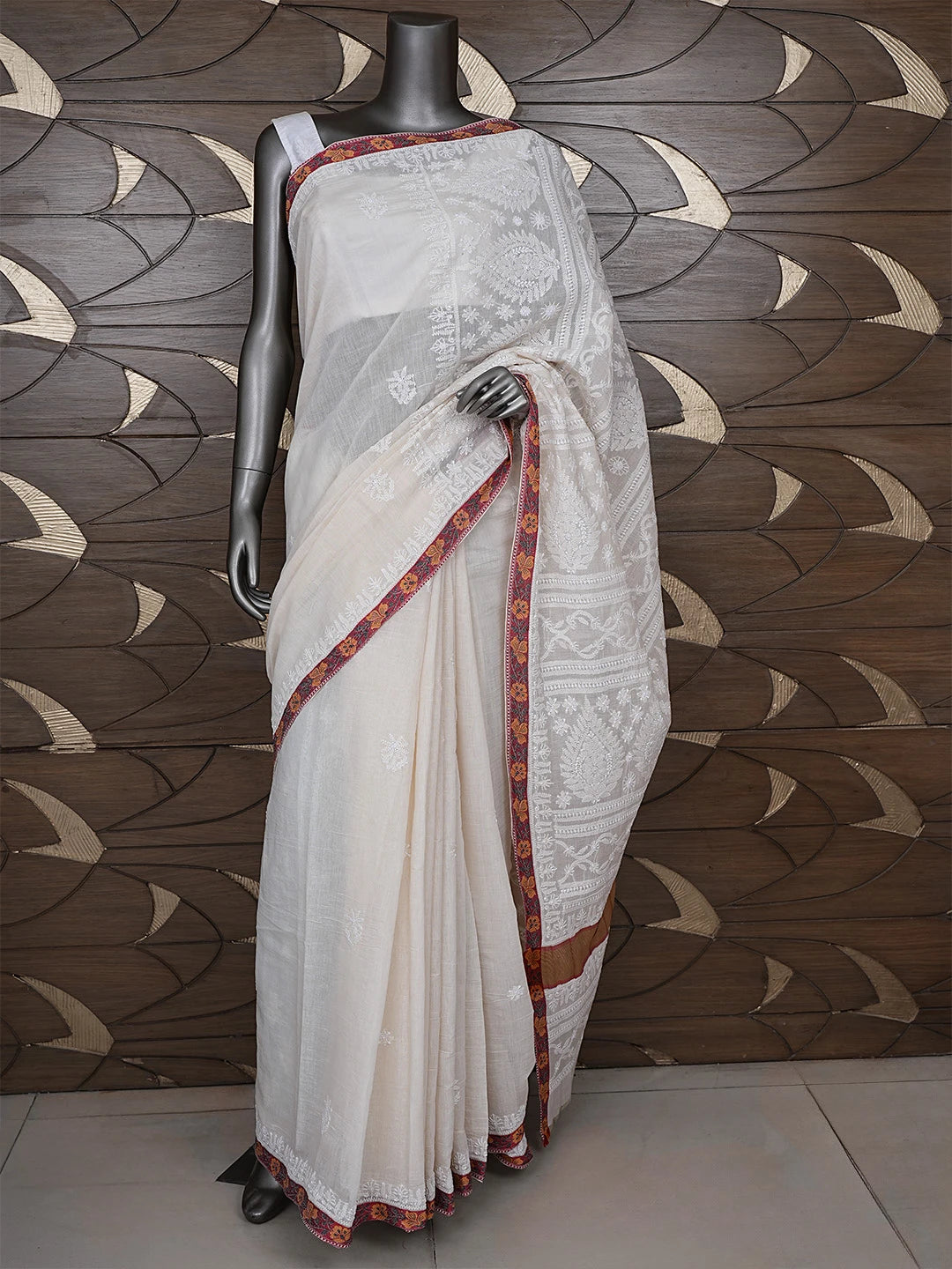 Ada Hand Embroidered White Cosmic Latte Chanderi Lucknowi Chikankari Saree With Blouse 01A879450