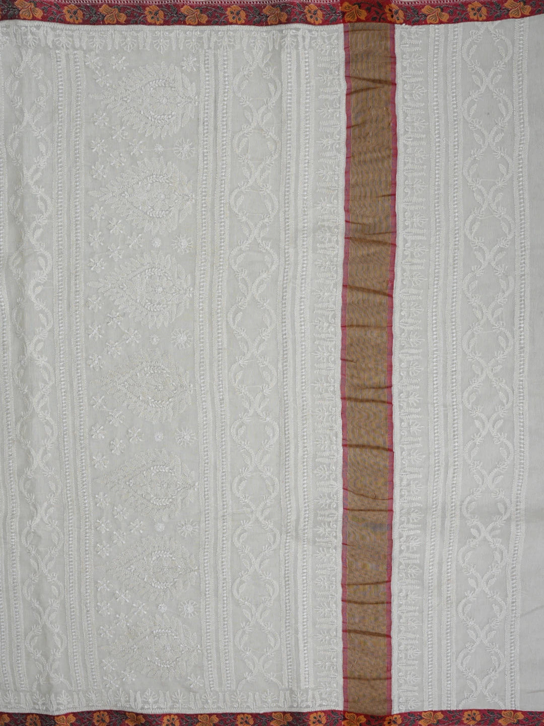 Ada Hand Embroidered White Cosmic Latte Chanderi Lucknowi Chikankari Saree With Blouse 01A879450