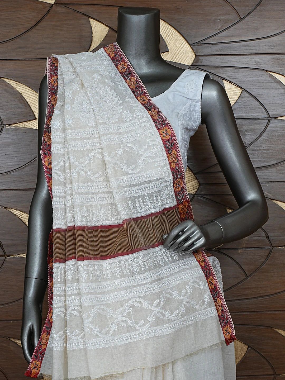 Ada Hand Embroidered White Cosmic Latte Chanderi Lucknowi Chikankari Saree With Blouse 01A879450
