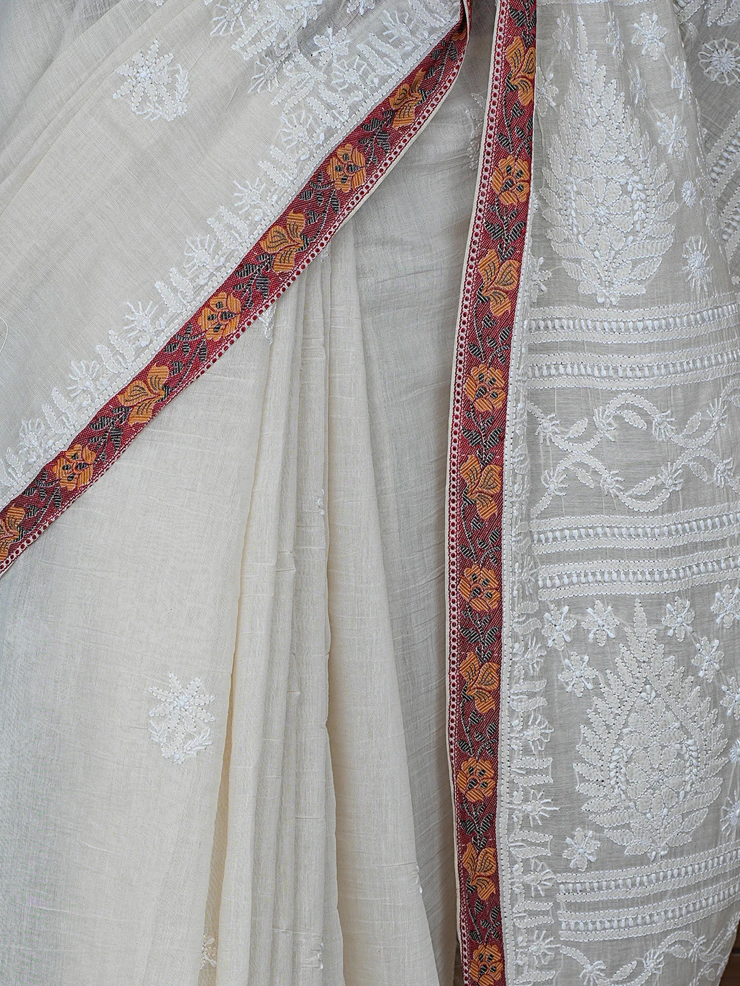 Ada Hand Embroidered White Cosmic Latte Chanderi Lucknowi Chikankari Saree With Blouse 01A879450