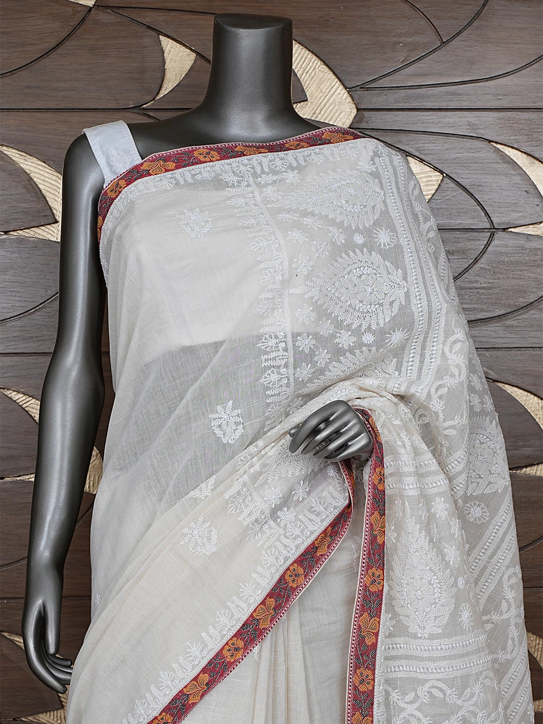 Ada Hand Embroidered White Cosmic Latte Chanderi Lucknowi Chikankari Saree With Blouse 01A879450