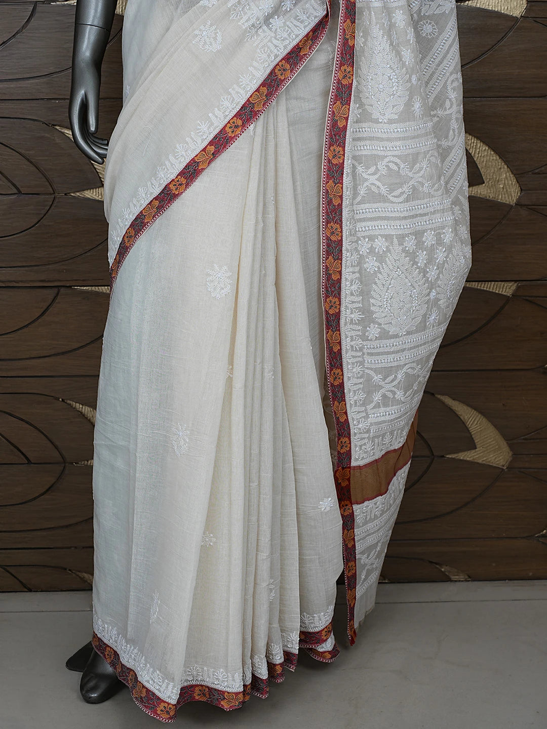 Ada Hand Embroidered White Cosmic Latte Chanderi Lucknowi Chikankari Saree With Blouse 01A879450