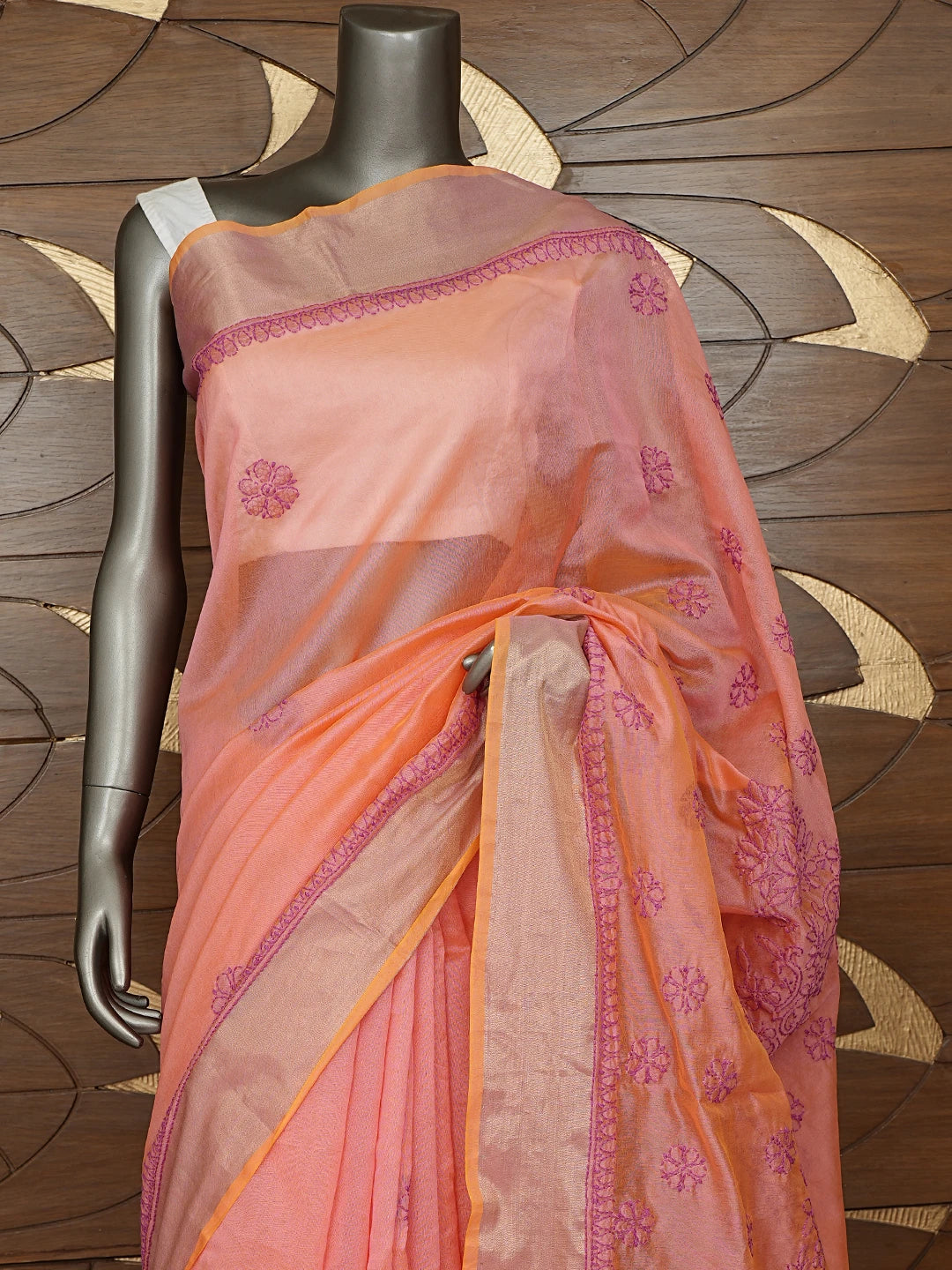 Ada Hand Embroidered Dusty Pink Chanderi Lucknowi Chikankari Saree With Blouse 01A878636