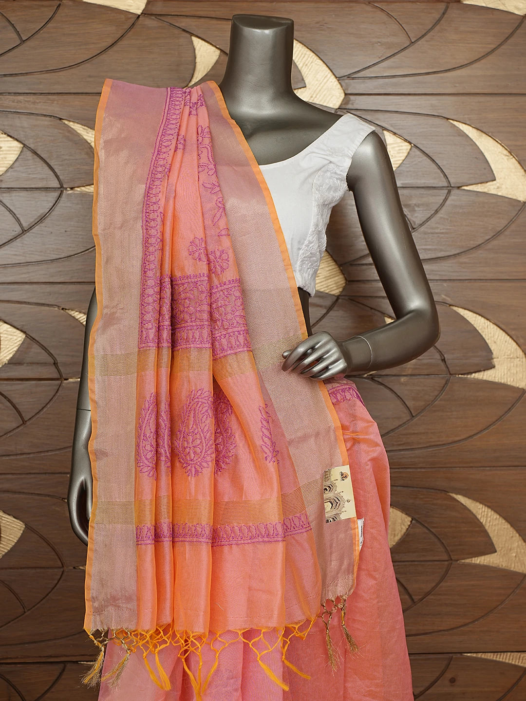 Ada Hand Embroidered Dusty Pink Chanderi Lucknowi Chikankari Saree With Blouse 01A878636