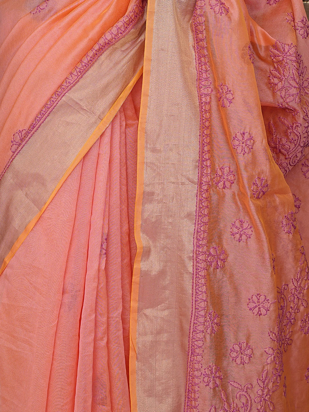 Ada Hand Embroidered Dusty Pink Chanderi Lucknowi Chikankari Saree With Blouse 01A878636
