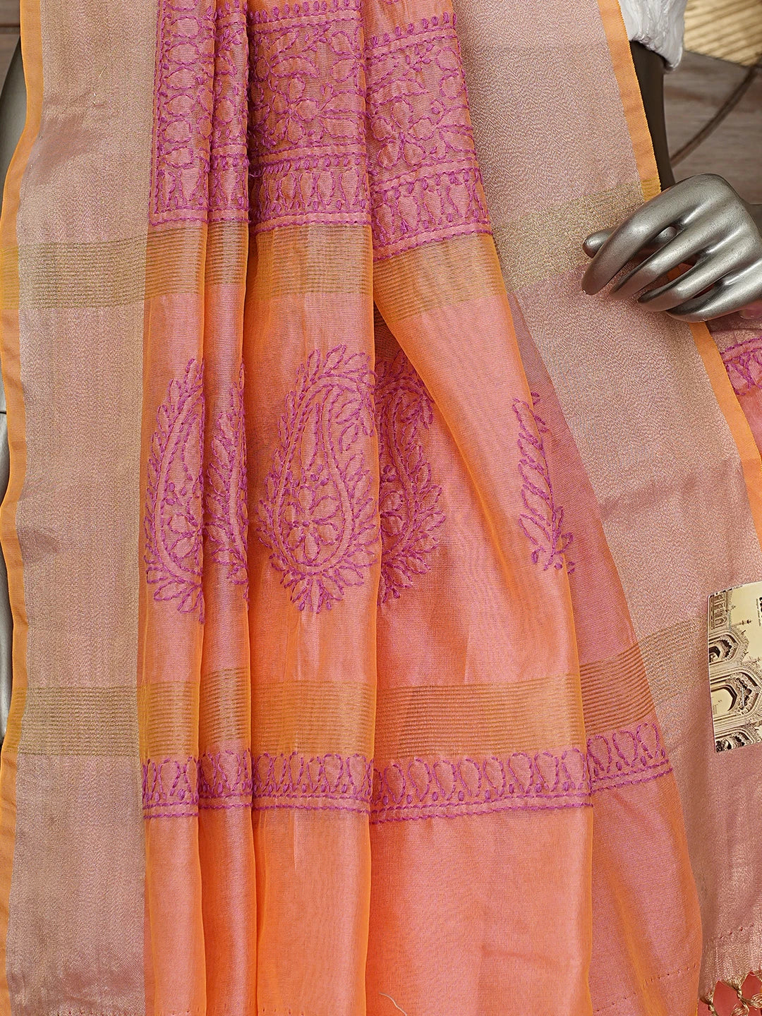 Ada Hand Embroidered Dusty Pink Chanderi Lucknowi Chikankari Saree With Blouse 01A878636