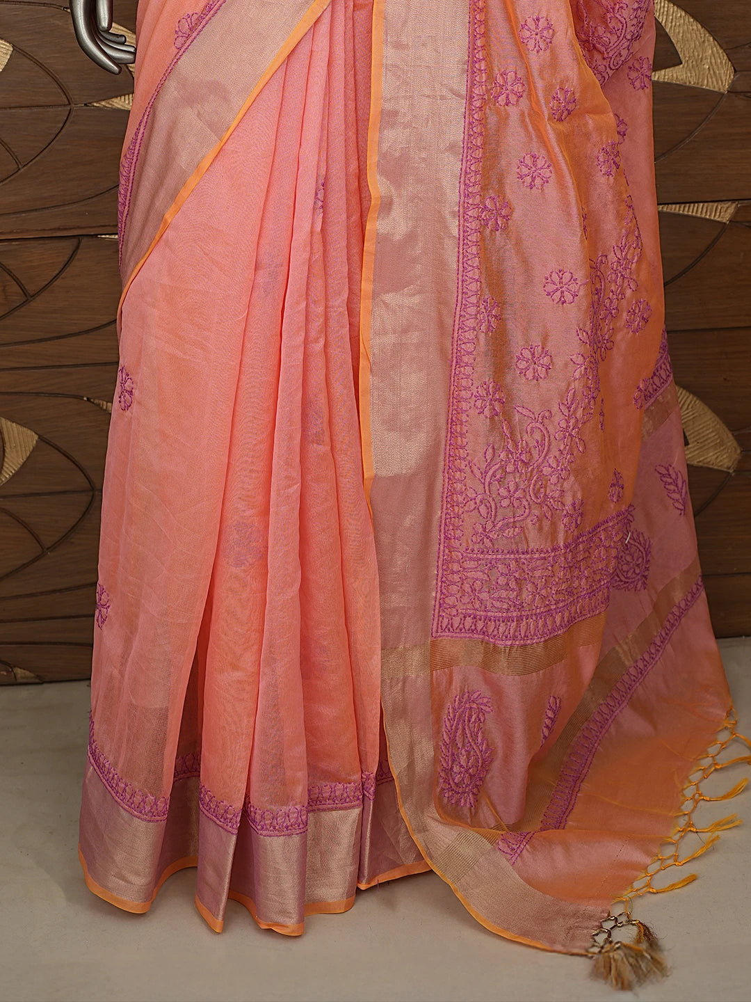 Ada Hand Embroidered Dusty Pink Chanderi Lucknowi Chikankari Saree With Blouse 01A878636