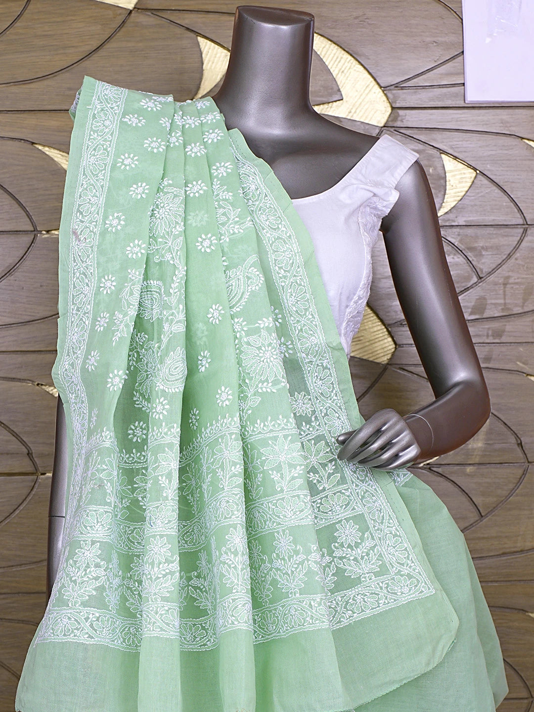 Ada Hand Embroidered Pista Green Cotton Lucknowi Chikankari Saree and Blouse 01A891040