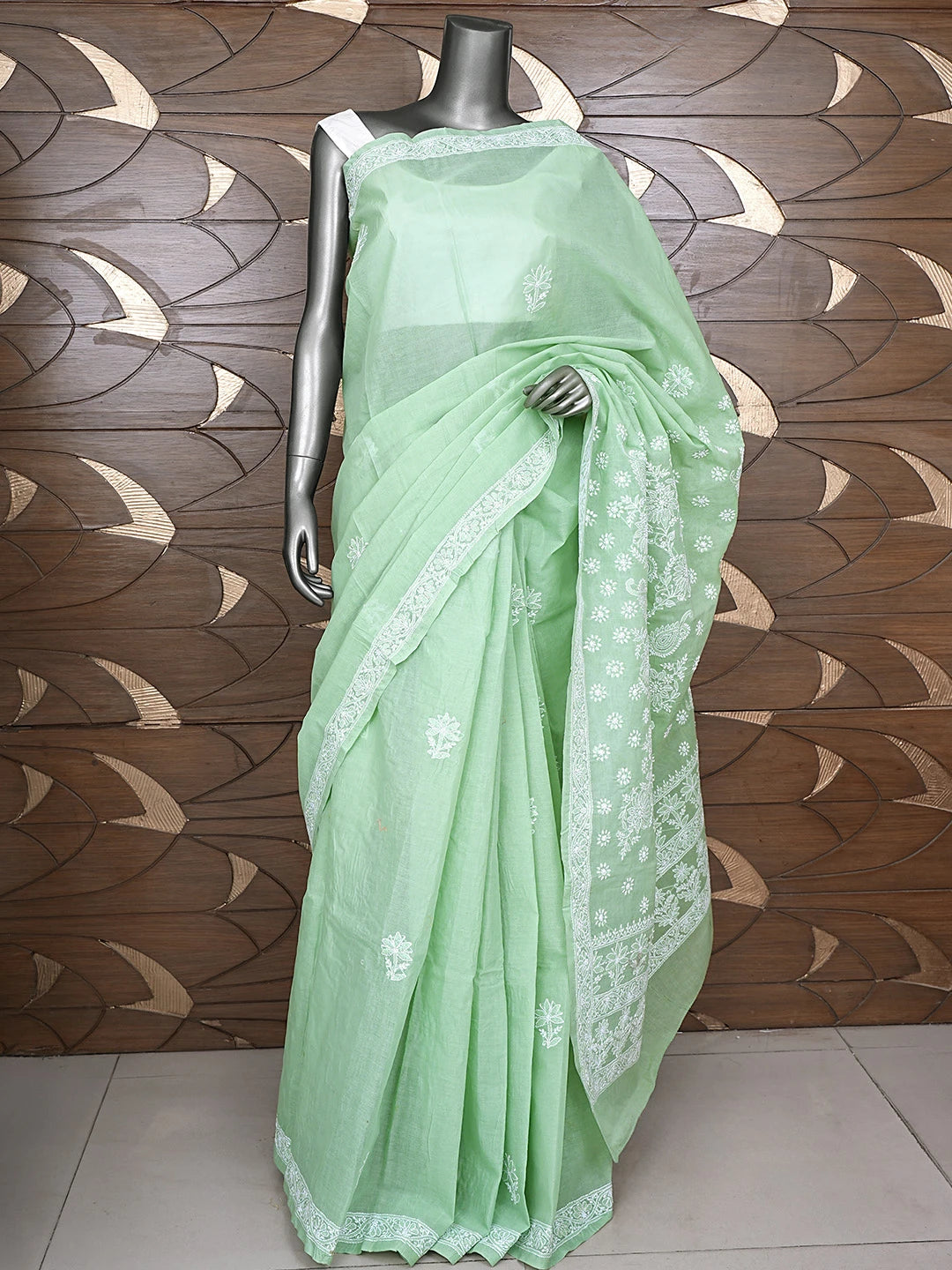 Ada Hand Embroidered Pista Green Cotton Lucknowi Chikankari Saree and Blouse 01A891040