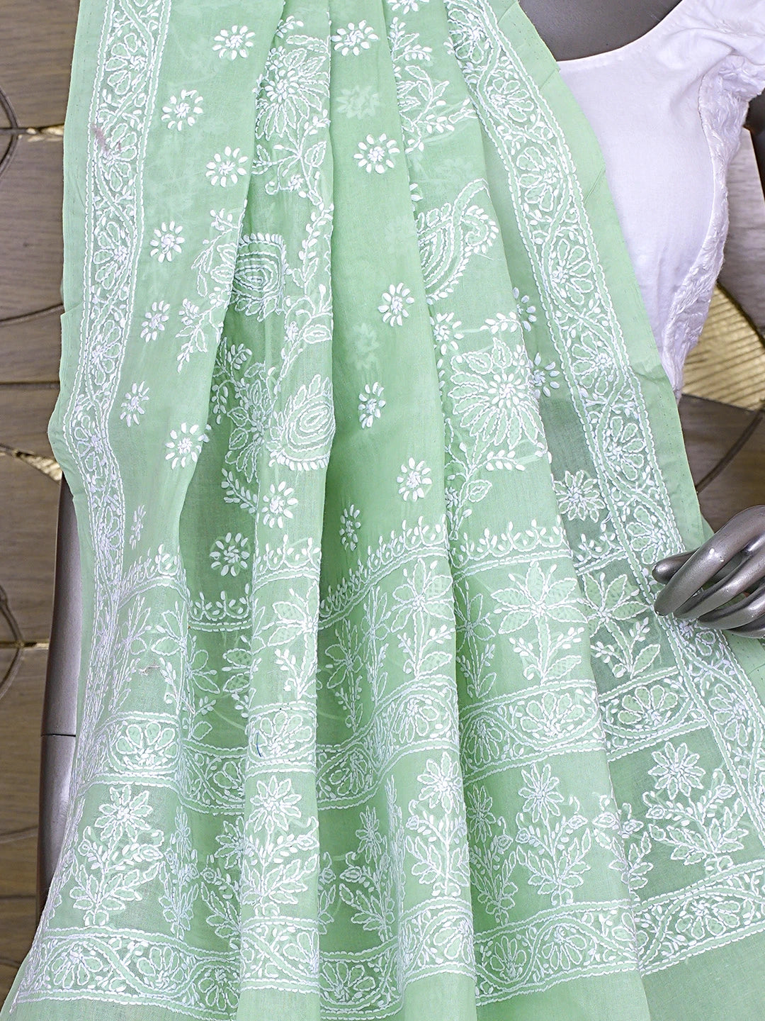 Ada Hand Embroidered Pista Green Cotton Lucknowi Chikankari Saree and Blouse 01A891040