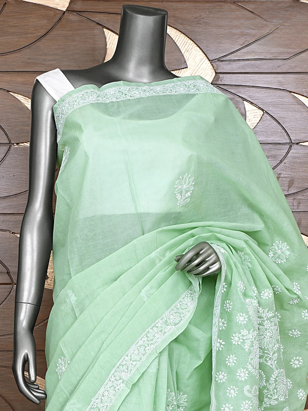 Ada Hand Embroidered Pista Green Cotton Lucknowi Chikankari Saree and Blouse 01A891040