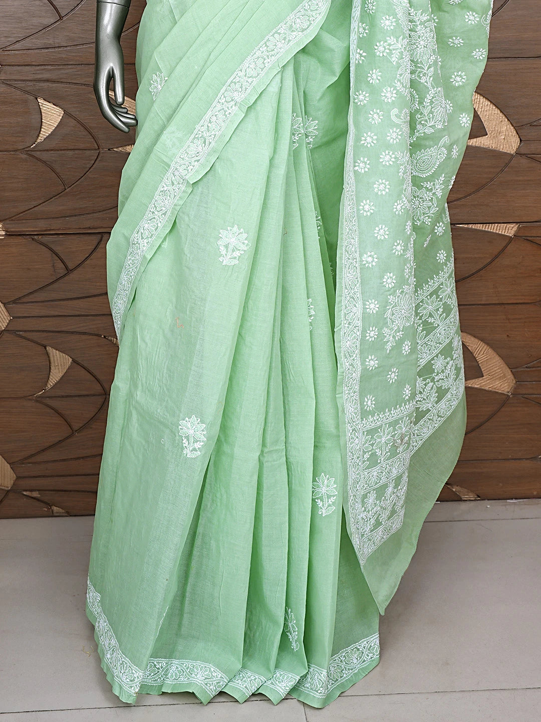 Ada Hand Embroidered Pista Green Cotton Lucknowi Chikankari Saree and Blouse 01A891040