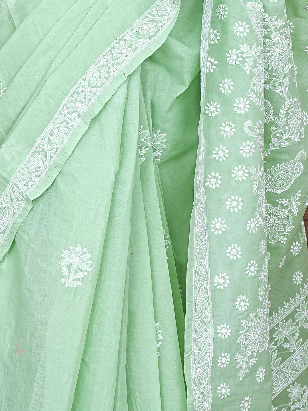 Ada Hand Embroidered Pista Green Cotton Lucknowi Chikankari Saree and Blouse 01A891040