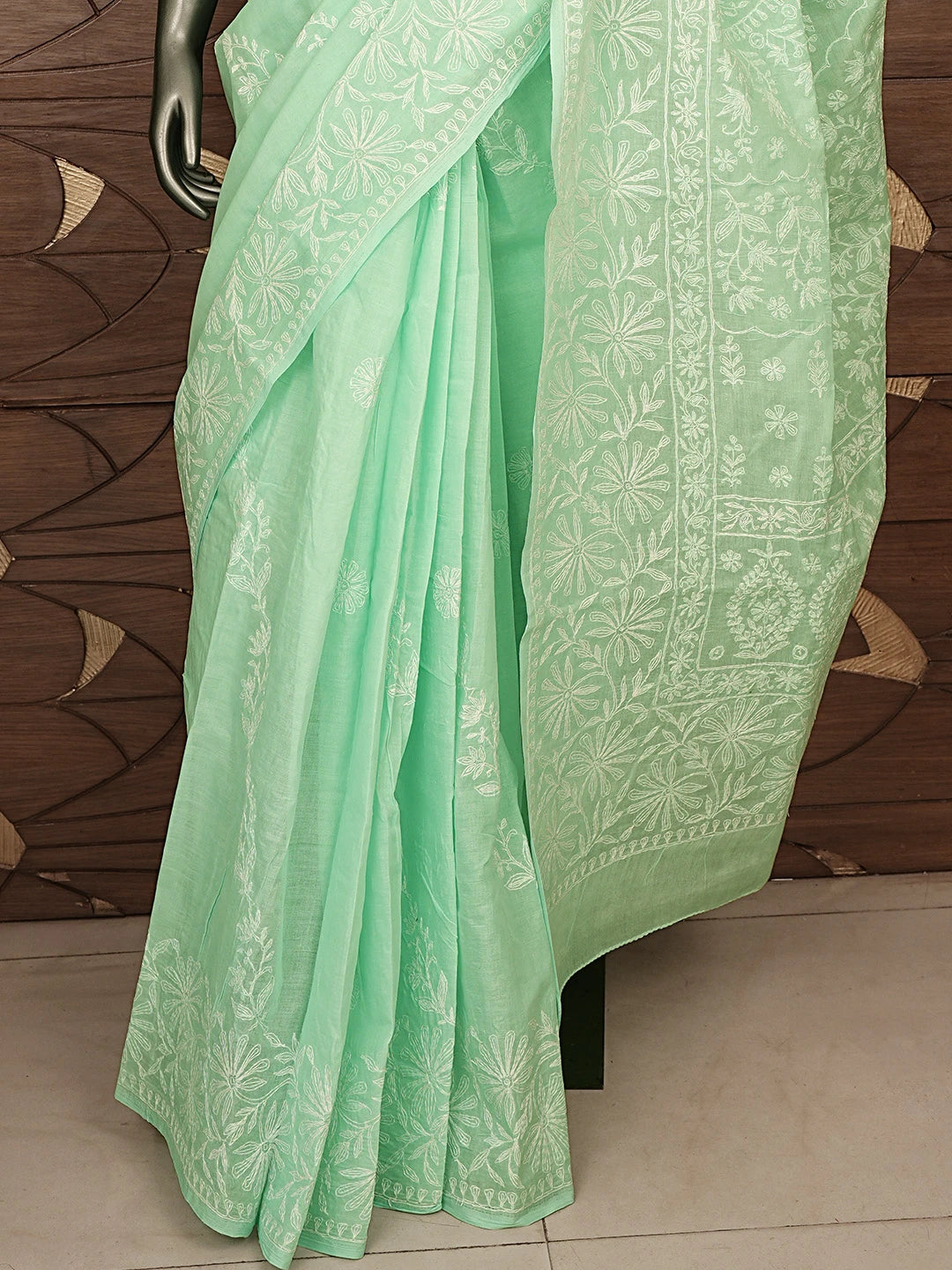 Ada Hand Embroidered Sea Green Cotton Lucknowi Chikankari Saree With Blouse 01A891100