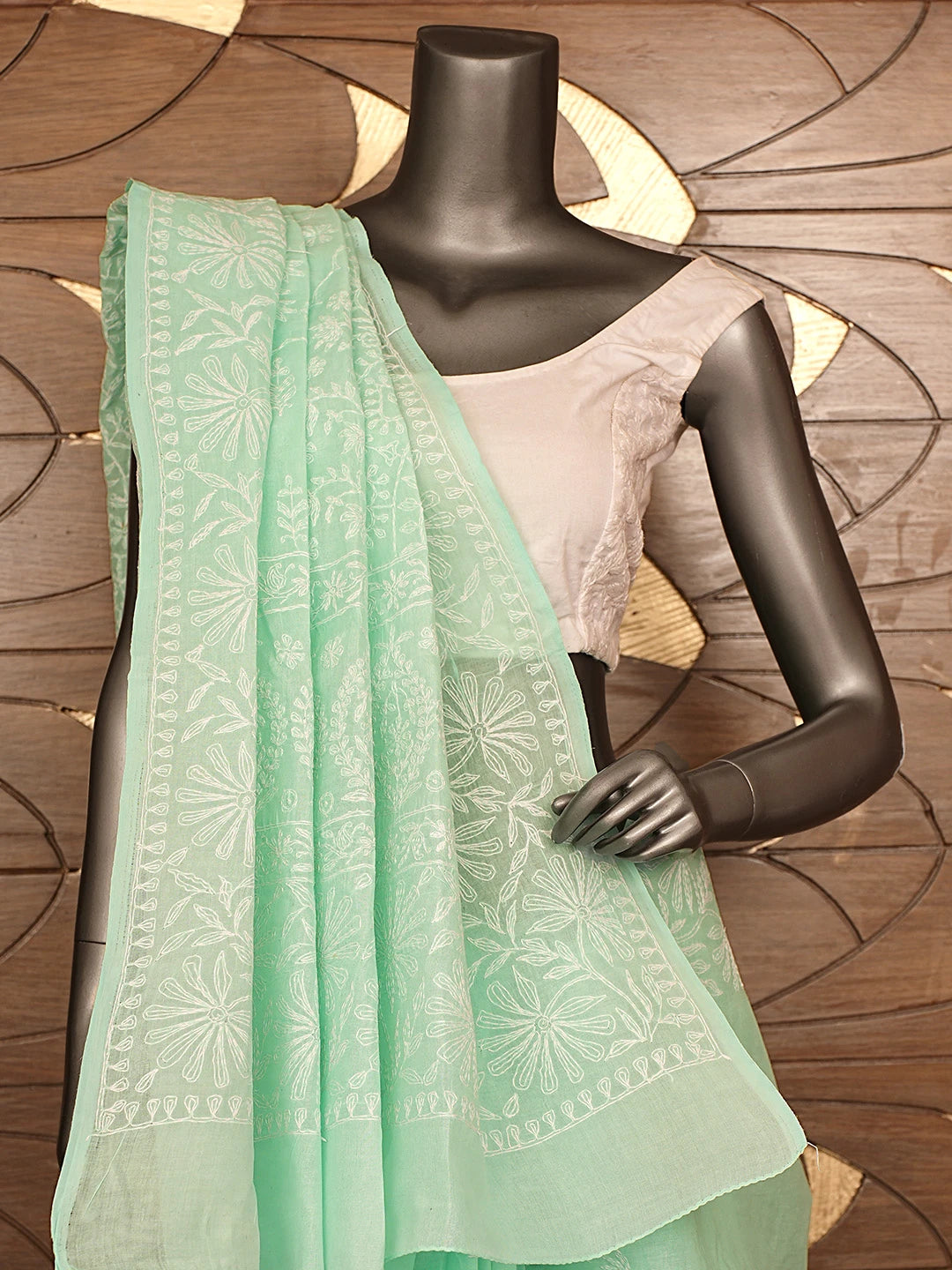 Ada Hand Embroidered Sea Green Cotton Lucknowi Chikankari Saree With Blouse 01A891100