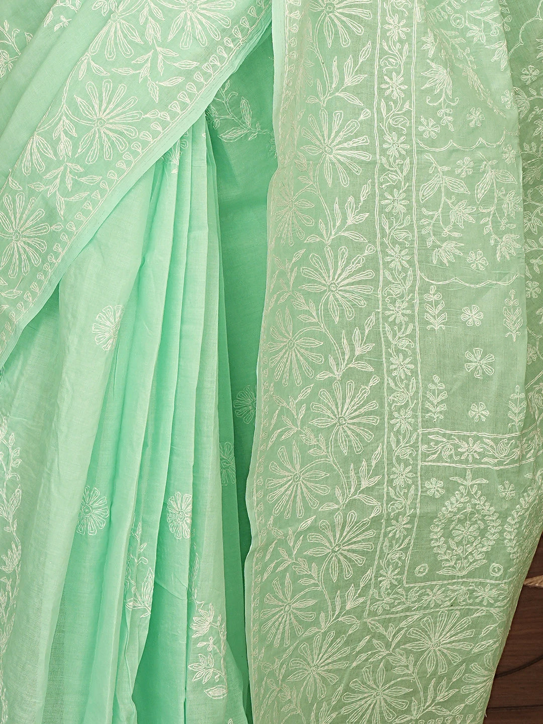 Ada Hand Embroidered Sea Green Cotton Lucknowi Chikankari Saree With Blouse 01A891100