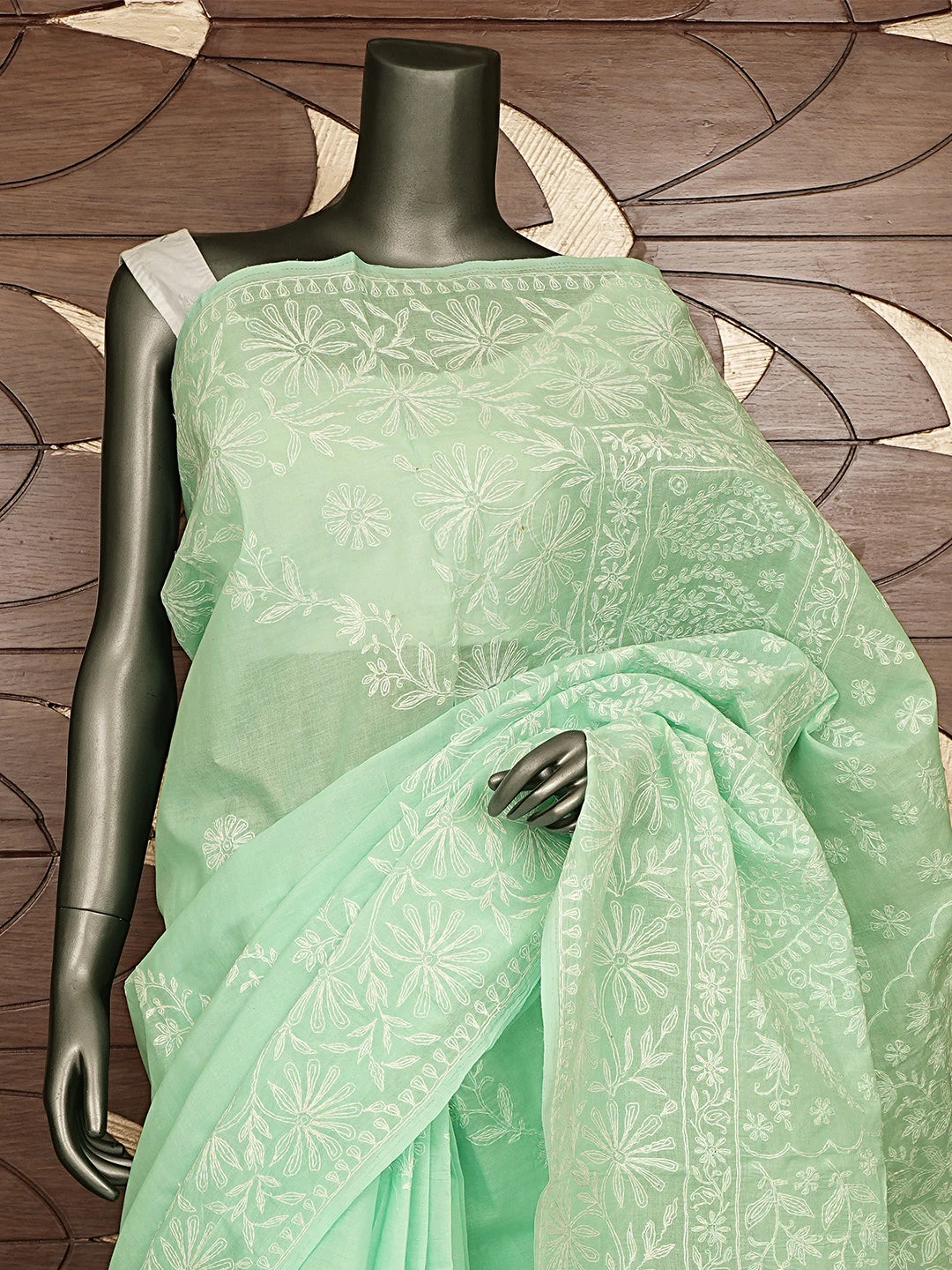 Ada Hand Embroidered Sea Green Cotton Lucknowi Chikankari Saree With Blouse 01A891100
