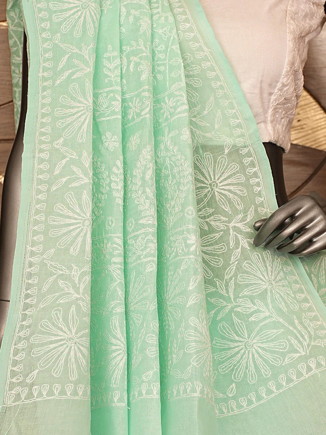 Ada Hand Embroidered Sea Green Cotton Lucknowi Chikankari Saree With Blouse 01A891100