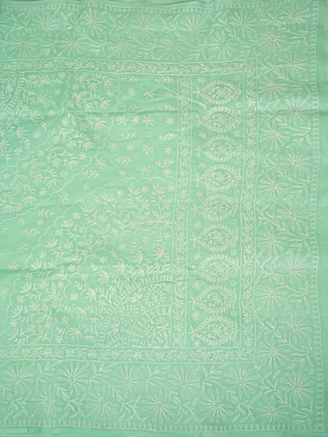 Ada Hand Embroidered Sea Green Cotton Lucknowi Chikankari Saree With Blouse 01A891100